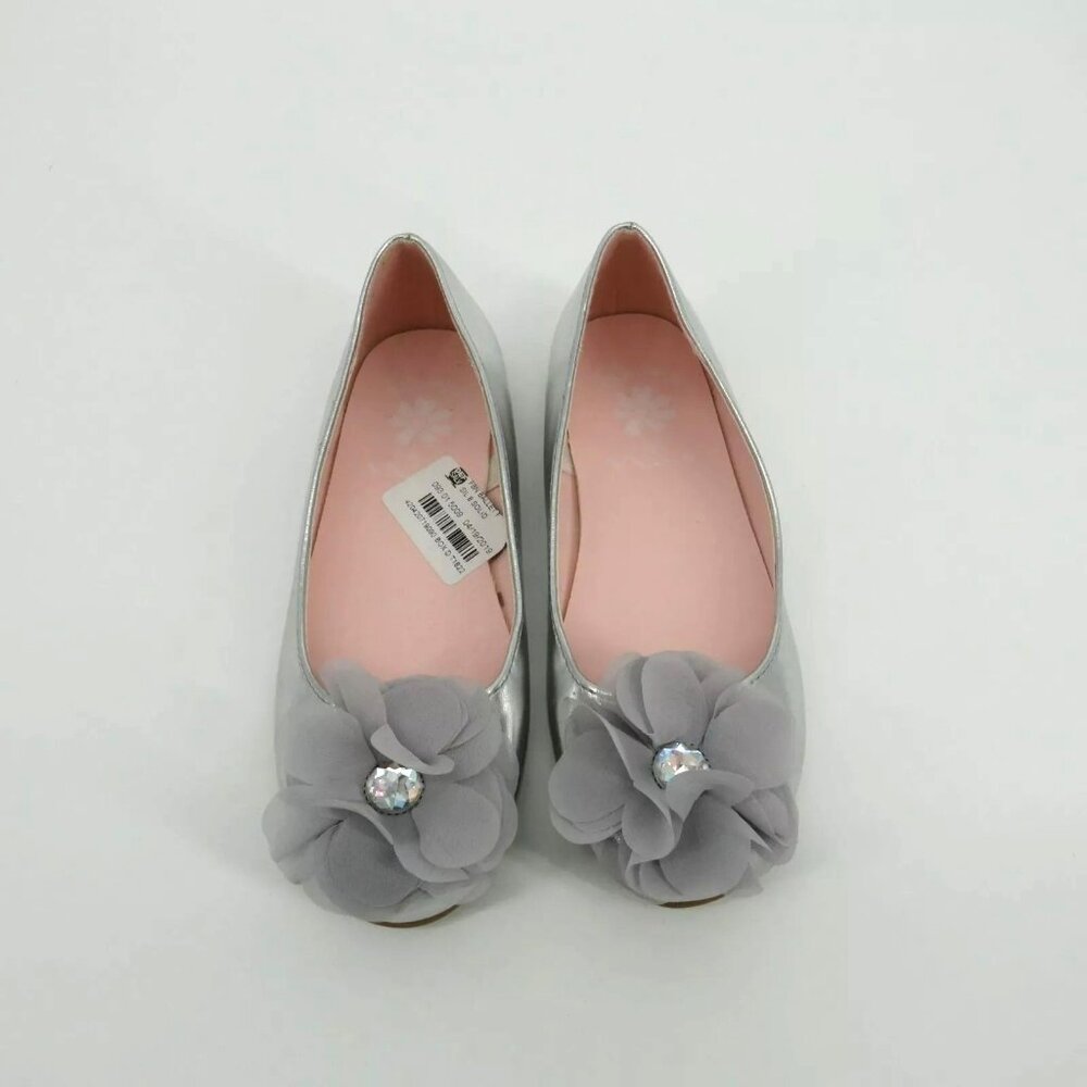 Flowers Nina Girls Silver Ballet Flats Flower Embellishment  Jeweled Center Size